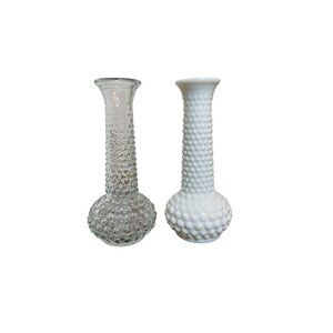 Vintage EO Brody Bud Vases - Set!  Clear Glass and Milk Glass Hobnail pattern